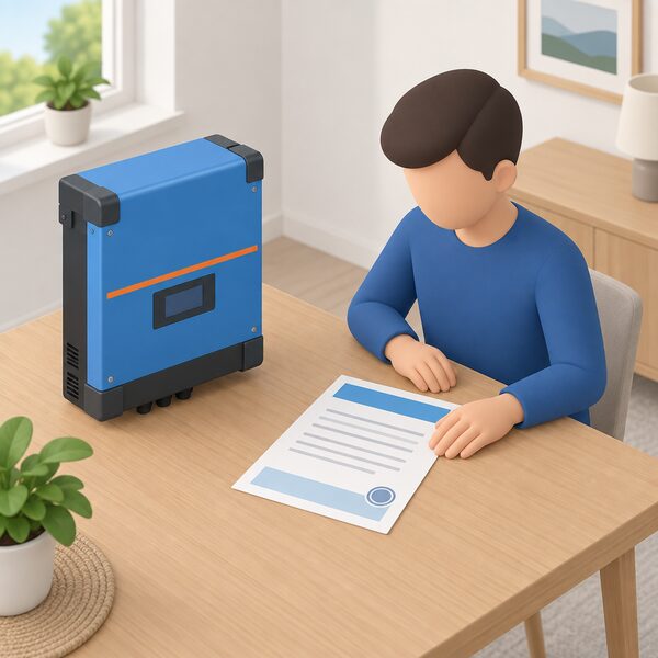 A printed warranty certificate lying on a table beside a Victron-style inverter unit, shown as a physical paper document with plain colour bands and blank lines standing in for its content, with a simplified figure resting a hand on the paper.