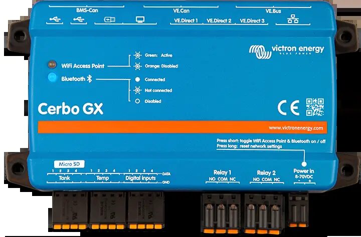 A blue Victron Energy Cerbo GX system monitoring device with connection terminals and port labels