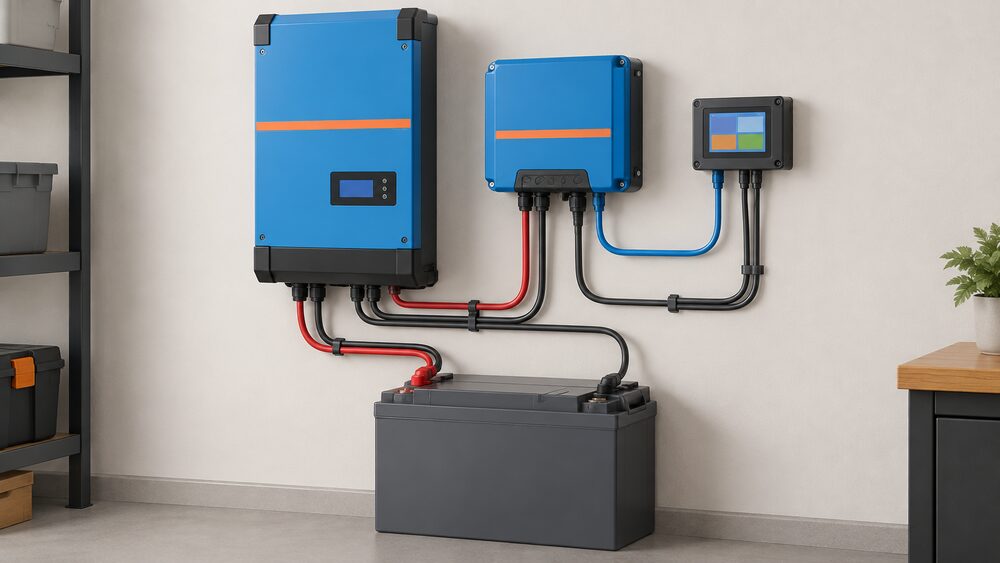 A close-up of a Victron-style battery system assembled from separate parts on a utility room wall: a MultiPlus-II style inverter/charger unit, a SmartSolar MPPT charge controller, a small GX monitoring device and a separate third-party battery, all wired together with thick DC cabling.
