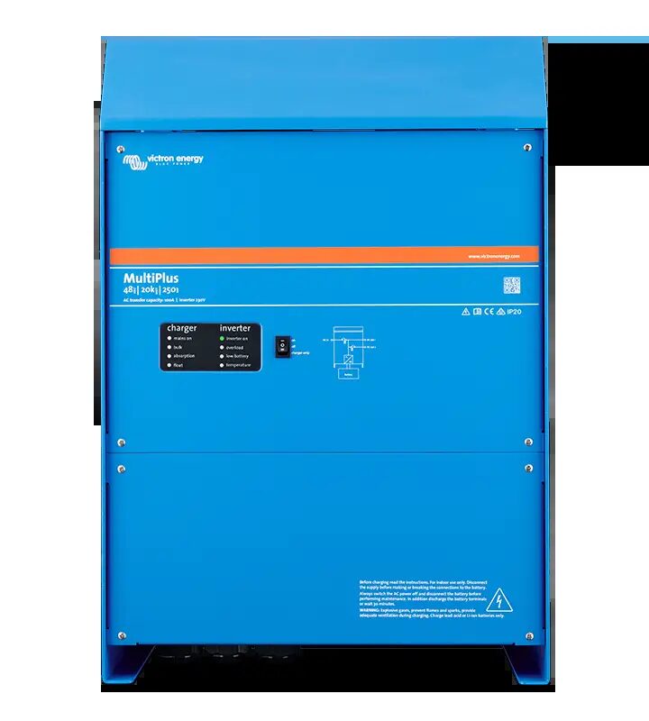 A blue Victron Energy MultiPlus 48/3000/35 inverter/charger unit shown front-on against a white background