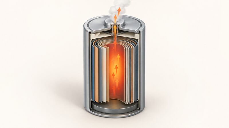 A cutaway diagram of a single lithium-ion battery cell showing its internal layered structure, a heat build-up at the centre of the layers, and an arrowed vent path where gases escape through a vent opening at the top of the cell casing.