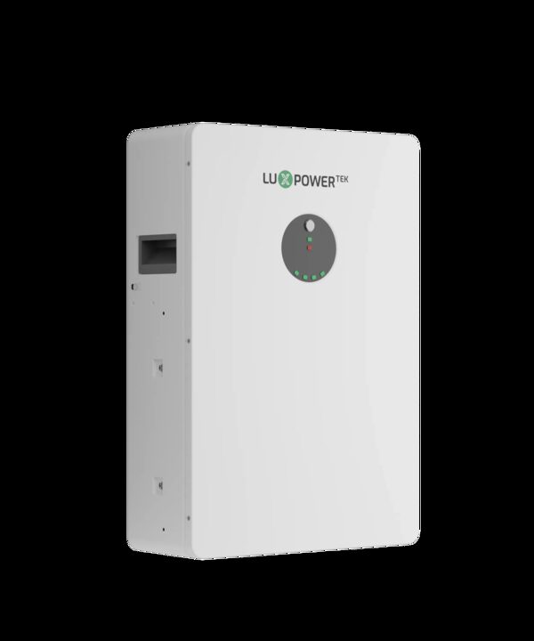 A white LuxPowerTek wall-mounted home battery storage unit shown against a plain background