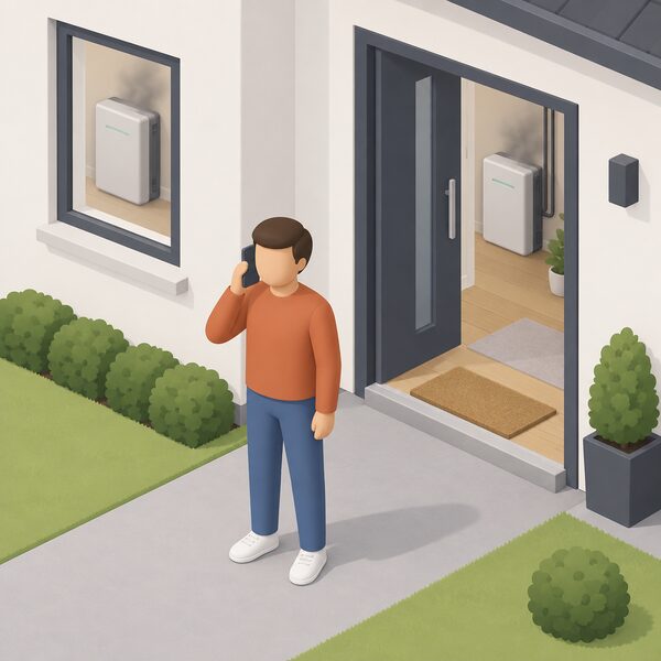 A person standing safely outside the front door of their home, holding a mobile phone to their ear as if making an emergency call, with the home battery unit visible through an open doorway or window inside the house behind them.
