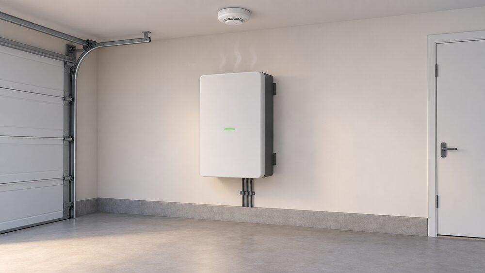 A close-up of a wall-mounted home battery unit in a garage, shown whole with its casing intact, a faint heat haze rising from it and a smoke alarm on the ceiling above, with clear floor space around it.