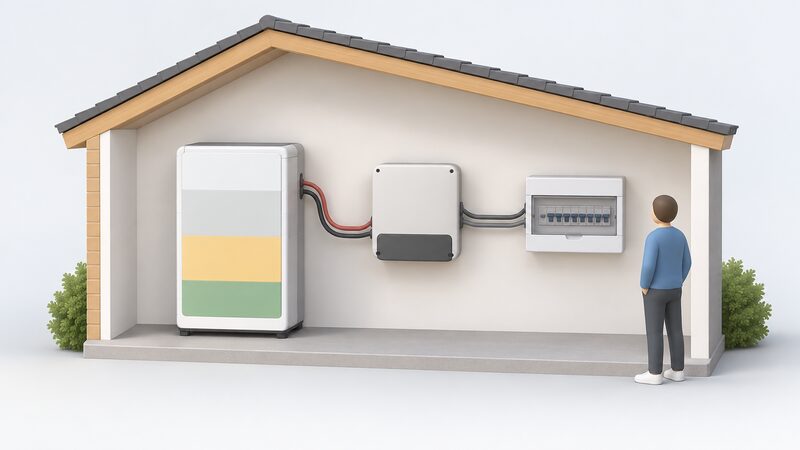 A simplified cutaway diagram of a home battery unit connected by cables to an inverter and then to a household consumer unit, with plain blank capacity bands on the battery showing reserved backup and headroom portions.