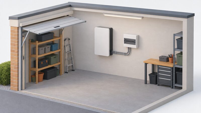 A small isometric garage interior showing a wall-mounted home battery unit fixed to the wall beside a consumer unit, with simple conduit linking the two, drawn as a clean installation scene with no people.