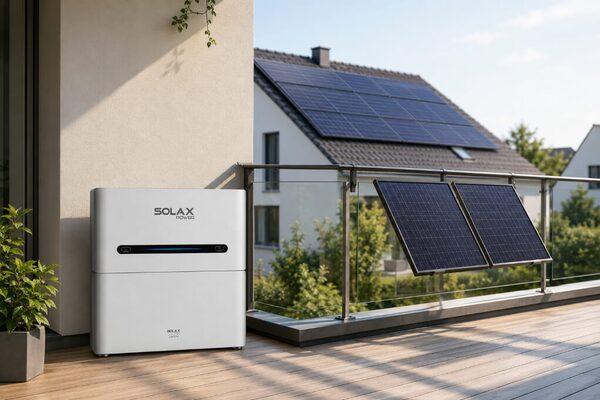 A SolaX balcony battery storage unit on a balcony with two solar panels mounted on the railing and a rooftop PV array in the background