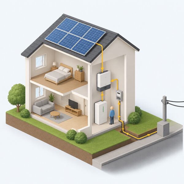 A cutaway house with rooftop solar panels charging a wall-mounted battery via an inverter, with a cable running from the inverter through an export meter down to the street electricity supply, and a small isometric figure of the homeowner beside the battery as surplus power flows outward along the grid connection.