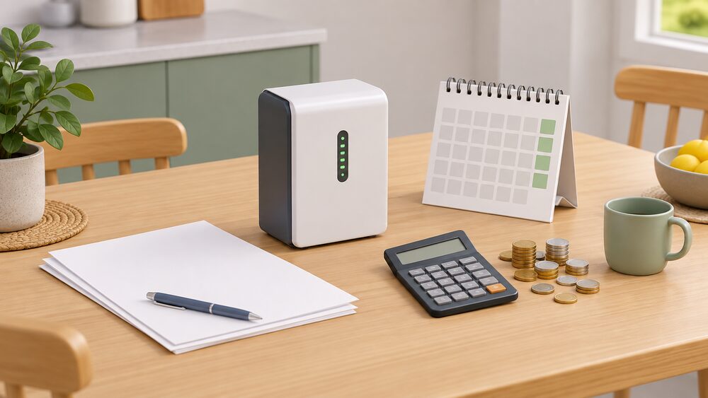 A small model of a wall-mounted home battery unit stands on a kitchen table beside blank paperwork, a calculator, a scatter of coins and a desk calendar, suggesting a household working out when the battery will pay for itself.