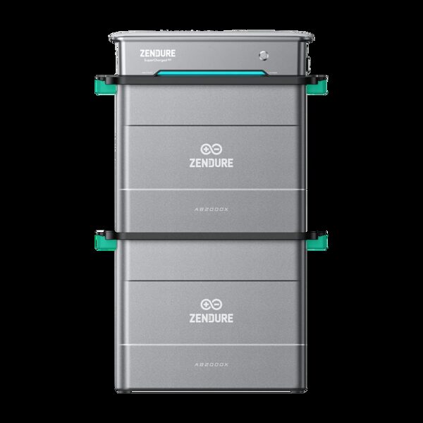 A Zendure SolarFlow Hyper 2000 stackable home battery system with two AB2000X battery modules and a top control unit on a white background