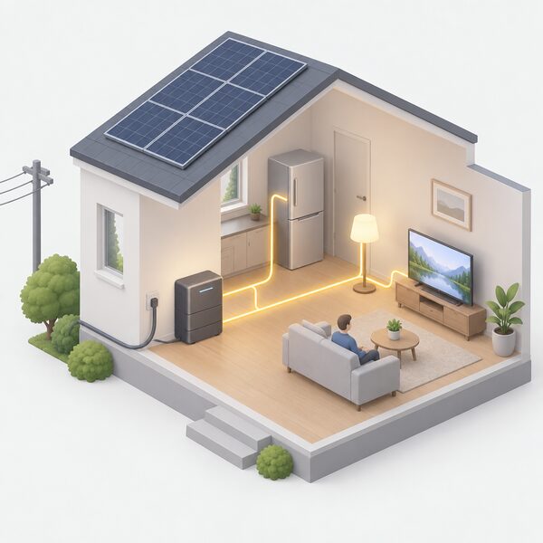 A cutaway home interior showing the Hyper 2000 battery unit indoors, with a line of stored power flowing to a lamp, a refrigerator and a television, while a grid connection cable sits unused to show solar electricity being consumed at home rather than exported.