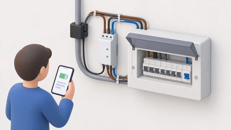 A Shelly Pro 3EM meter and its CT clamp mounted beside a consumer unit, wired to it, with a simplified figure holding a phone showing a plain battery app screen, all connected locally without any internet router.