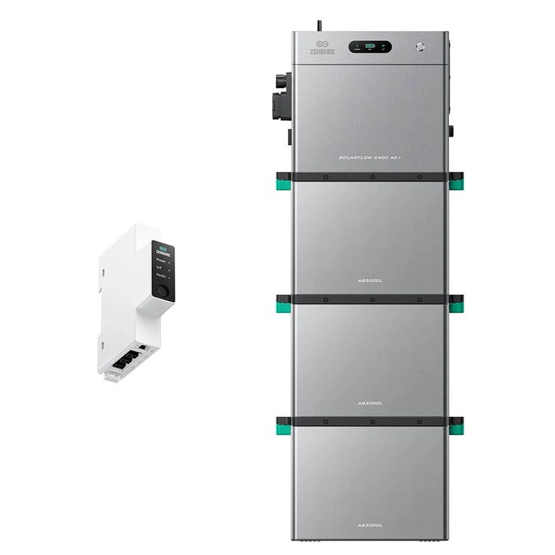A Zendure SolarFlow 2400 AC+ stacked home battery system with three AB2000L battery modules and a small white smart meter device on a white background