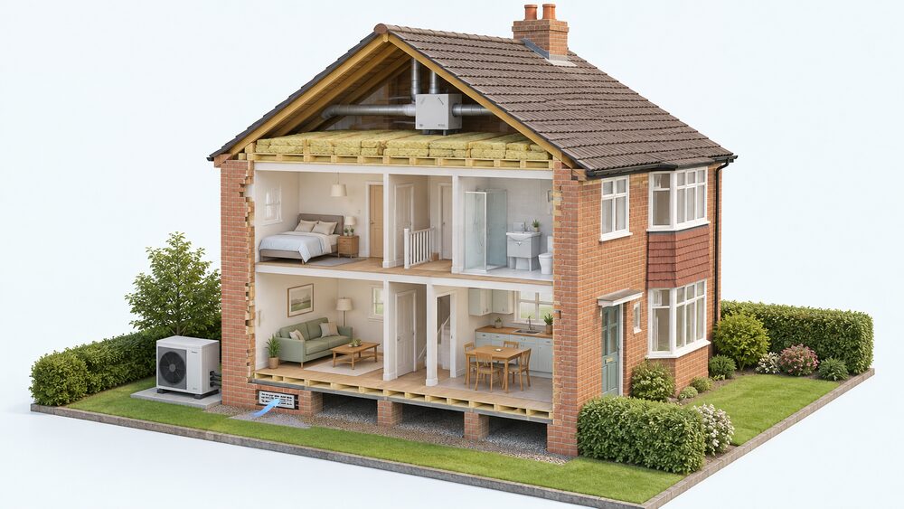 A cutaway of a 1950s semi-detached house showing solid walls with no cavity, a suspended timber floor over a ventilated void with an air brick, thick loft insulation between and over the joists, and an air source heat pump unit standing outside on the ground beside an external wall.