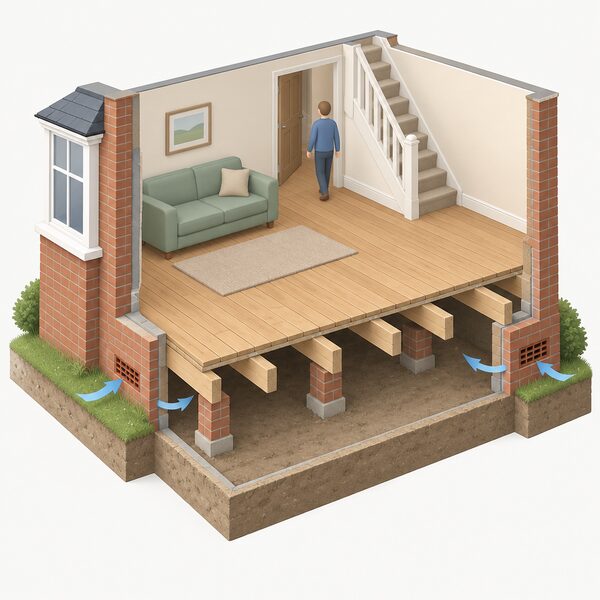A cutaway isometric view of a 1950s semi's ground floor showing suspended timber floorboards on joists above an open ventilated void, with air bricks in the external brick walls letting outside air flow through the space beneath the joists.