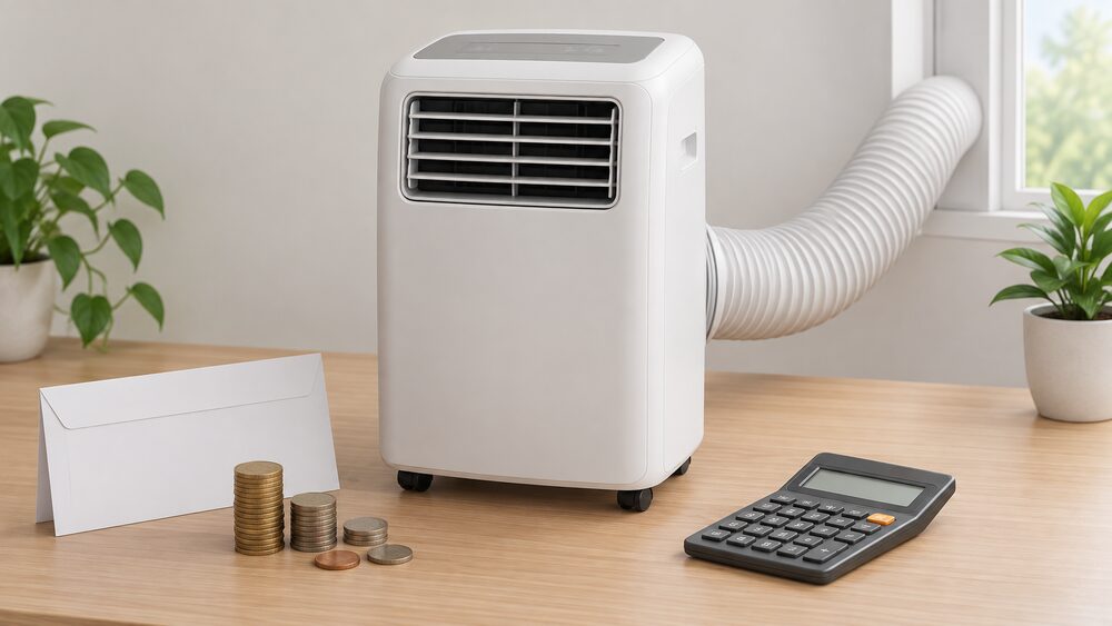 A small portable air conditioner unit with its flexible exhaust hose standing beside a stack of coins, a blank electricity bill envelope and a pocket calculator on a table, suggesting the hourly running cost of cooling a room.