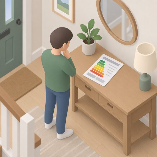 A printed EPC document lying on a table in a home's hallway, showing its energy rating as a plain colour band on a simple A-to-G scale, with a simplified figure standing beside it reading the sheet.