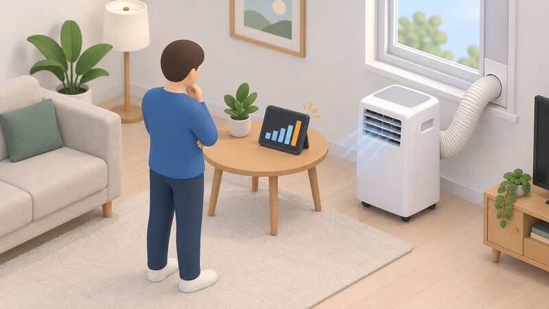 A simplified isometric figure stands in a living room looking at a smart meter in-home display on a table, its screen showing a plain usage bar stepping sharply upward, while a portable air conditioning unit nearby switches on with its flexible exhaust hose running to a window kit.