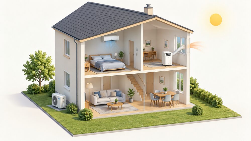 A cutaway house on a hot summer day showing an air-to-air heat pump system: a small outdoor unit on the ground outside with clear space around it, a wall-mounted indoor fan unit high on a room wall, and separately a portable air conditioner on castors in another room with its exhaust duct leading out of a window.