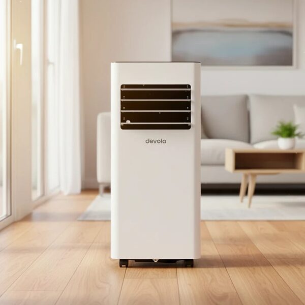 A white Devola portable air conditioner standing on a wooden floor in a bright living room