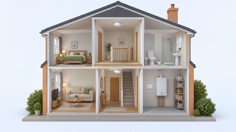 A cutaway cross-section of a two-storey house showing a smoke alarm on the ground-floor landing ceiling, another on the first-floor landing ceiling, and a carbon monoxide alarm on the wall of the room housing the boiler.