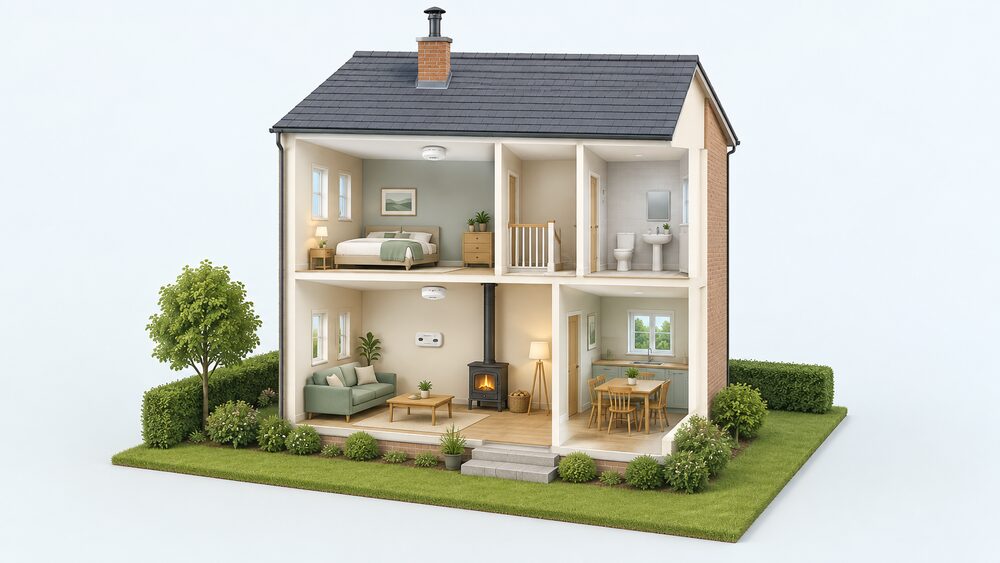 A cutaway two-storey rented house showing a smoke alarm on the ceiling of each storey and a carbon monoxide alarm on the wall of the living room that contains a wood-burning stove, with the alarms placed at least a metre from the stove.