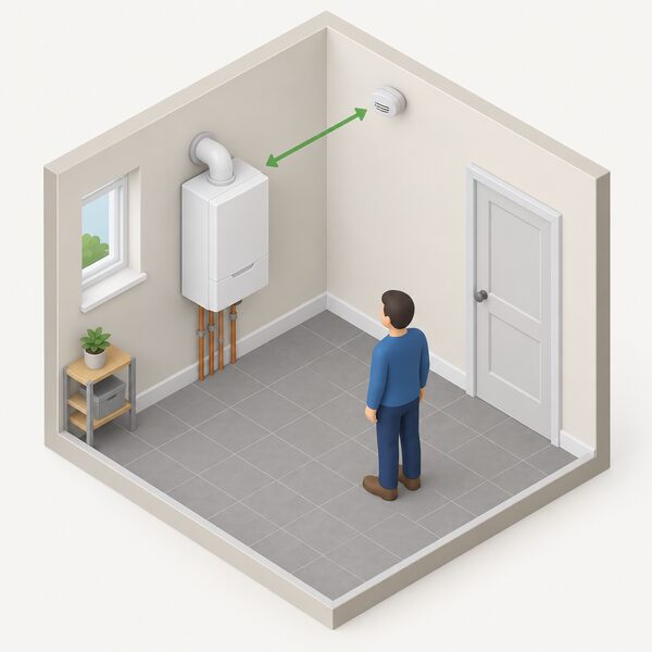A small isometric view of a room with a wall-mounted fuel-burning boiler against one wall and a carbon monoxide alarm fixed to the ceiling a clear metre or more away, with a simple floor distance marker showing the gap between alarm and appliance.