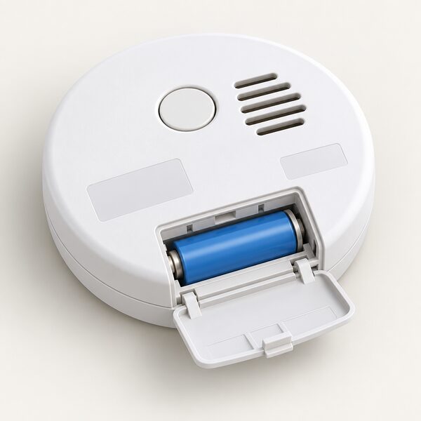 A close-up view of a single carbon monoxide alarm unit, shown as a plain white plastic disc or rounded casing with a row of sounder slots, a hinged battery compartment cover open to reveal a sealed battery, and blank approval-mark panels on the casing with no readable words or logos.