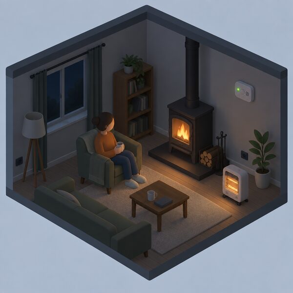 A dim living room during a power cut where a sealed-battery carbon monoxide alarm mounted on the wall glows with its indicator light while a small isometric figure sits near a wood-burning stove and a portable heater, the room's lamps and sockets dark.