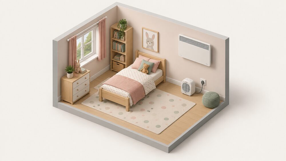 A child's bedroom with a wall-mounted panel heater fixed high on the wall with no visible plug, and a plug-in fan heater standing on the floor plugged into a wall socket, showing the difference between a fixed connection and a plug-in appliance.
