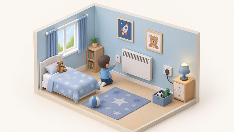 A simplified isometric child's bedroom showing a wall-mounted panel heater connected by a permanently wired fused spur beside a separate socket outlet with a plug-in appliance, with a small figure indicating the fixed connection.