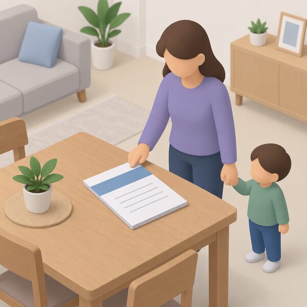 A printed code of practice document lying on a domestic table, shown as a physical object with a plain cover band and blank ruled lines, beside a simple isometric figure of an adult holding a small child's hand, suggesting a household with a young child consulting the official guidance.