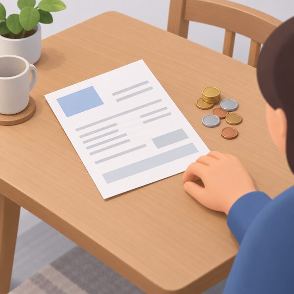 A paper energy bill lying on a kitchen or living room table beside a small pile of coins, with a simplified figure's hand resting near them to show a household weighing up whether they can afford the bill.
