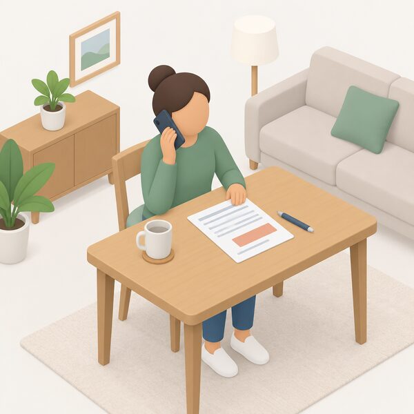 A simplified isometric figure sits at a table in a home living room holding a phone to their ear, with a paper energy bill and a pen beside them, phoning their energy supplier for help with an unaffordable heating bill.