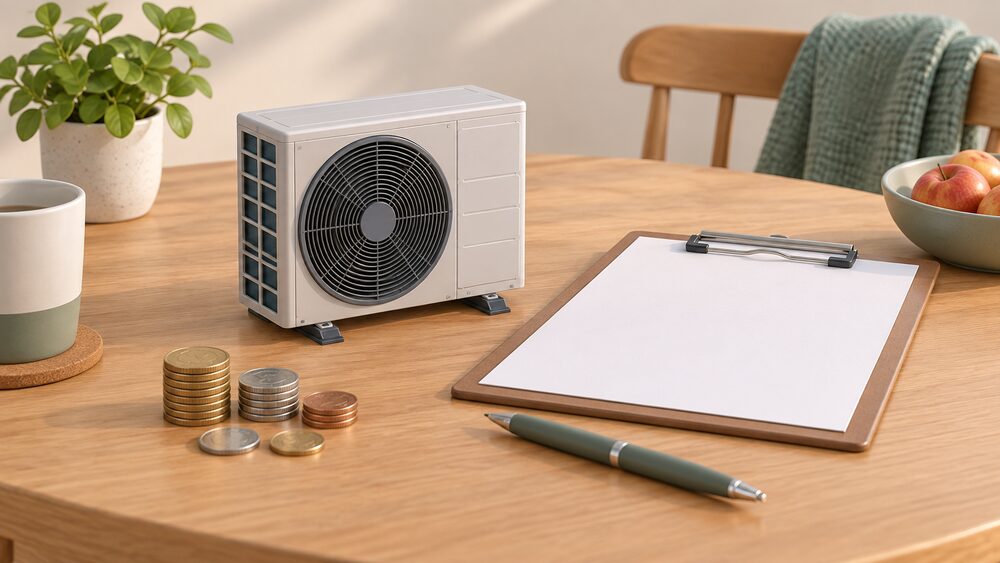 A small model of an air source heat pump fan unit stands on a kitchen table beside a blank installer's quote sheet on a clipboard, a pen, and a few coins, suggesting a household working out the balance it must pay after the grant is deducted.
