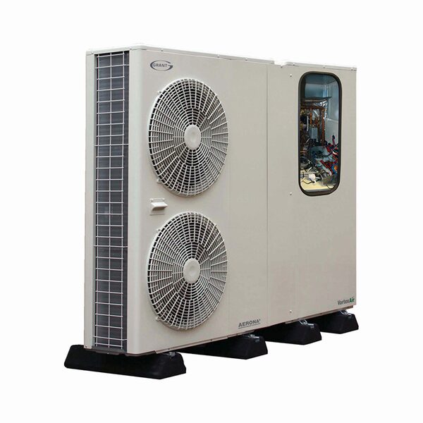 A Grant Aerona VortexAir hybrid heat pump outdoor unit with two fans and an open control panel window, shown on white background