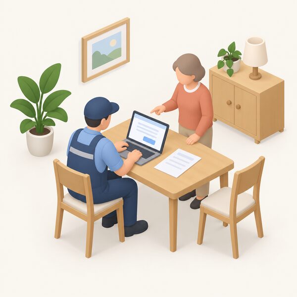 A small isometric installer figure stands at a table in a home setting, applying to Ofgem for a grant voucher on a laptop, with a blank application form beside them and the property owner nearby giving their instruction.