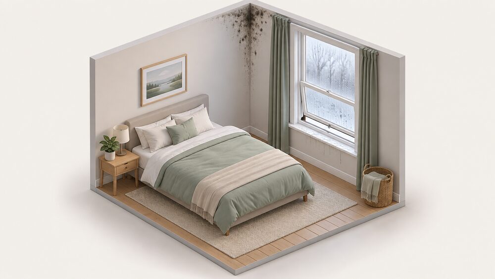 A bedroom corner on a cold external wall in winter, with a sash window streaming with condensation droplets and water running down onto the sill, black mould spotting in the corner where wall meets ceiling, and the window opened at the bottom for ventilation.