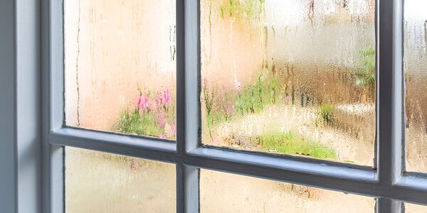 Condensation droplets running down the panes of a white-framed window, blurring the garden view outside