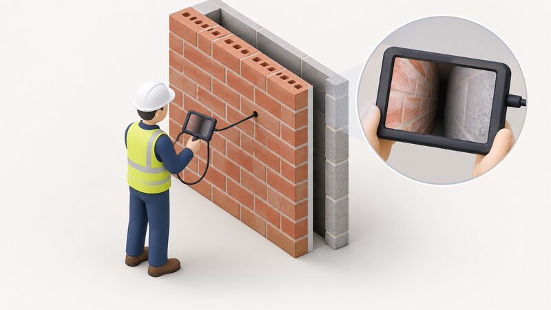 An assessor holds a borescope inserted through a small drilled hole in a brick external wall, viewing the empty air cavity behind on a handheld screen, confirming the cavity exists and is unfilled before insulation is installed.
