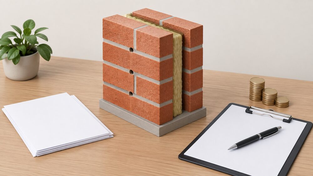 A small cutaway model of a brick cavity wall with drilled injection holes in the mortar joints stands on a table beside blank survey paperwork, a clipboard with a pen, and a small stack of coins.
