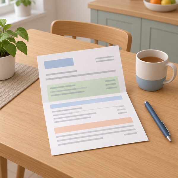 A folded household energy bill lying on a kitchen table beside a mug and a pen, its content shown only as blank lines and plain colour bands so no figures are readable.