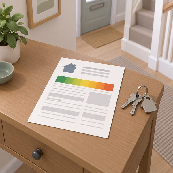 A paper EPC certificate lying on a table in a rental home's hallway, shown as a physical document with a plain colour band for the rating and blank lines for details, beside a set of house keys.