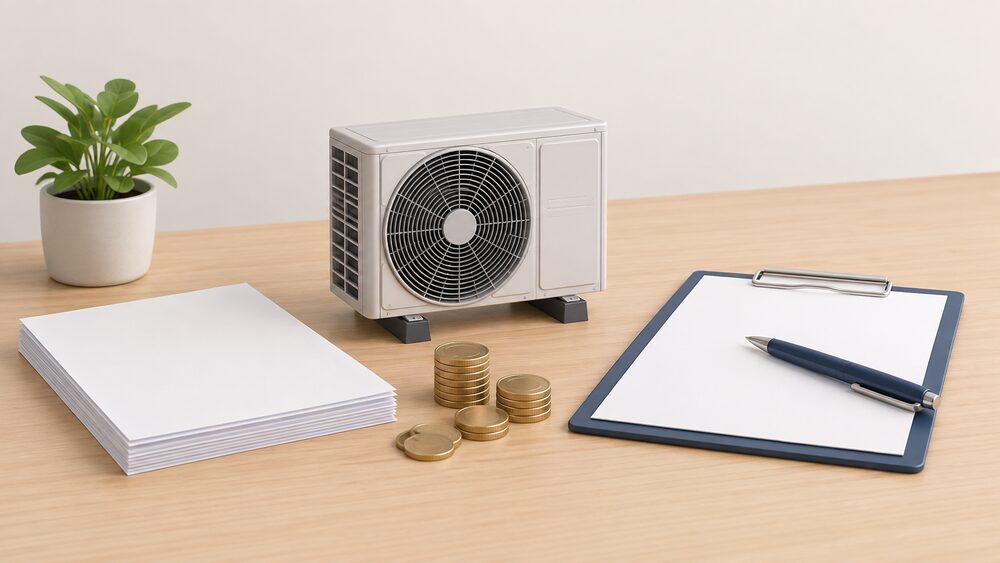 A small model of an air source heat pump fan unit stands on a table beside blank paperwork, a clipboard with a pen, and a few coins, suggesting a grant application for a certified installation.