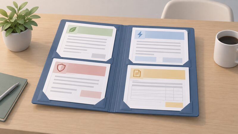 A folder of handover documents lying open on a table, holding an MCS certificate, an Electrical Installation Certificate, an installer guarantee and a dated invoice, each shown as a physical sheet with blank lines and plain colour bands instead of readable content.