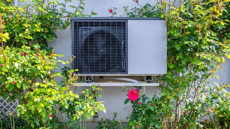 An air source heat pump unit mounted on an exterior house wall, surrounded by green foliage and pink roses