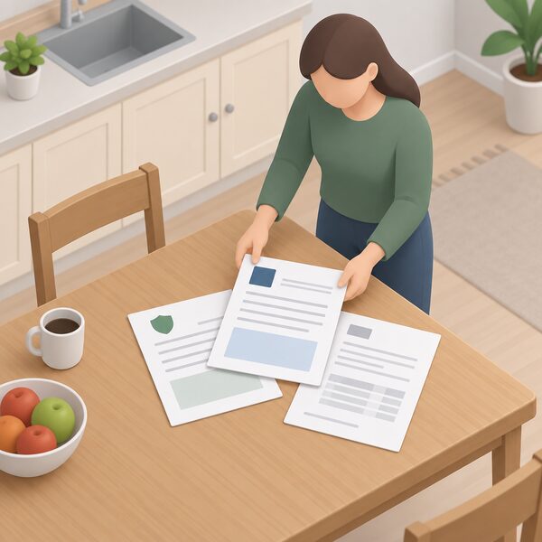 Three paper documents — an MCS certificate, a guarantee and an invoice — laid together on a kitchen table in a home, shown as physical sheets with blank lines and plain blocks instead of readable content, with a simplified isometric figure's hands placing the certificate on top.