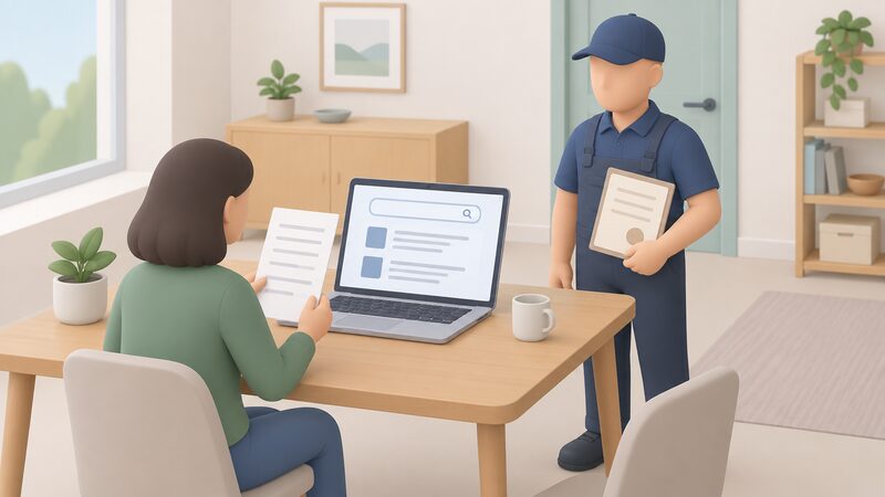 A householder at a table compares a paper quote against a laptop screen showing a plain register webpage with a search box and result blocks, a simplified installer figure standing nearby holding a certificate folder.