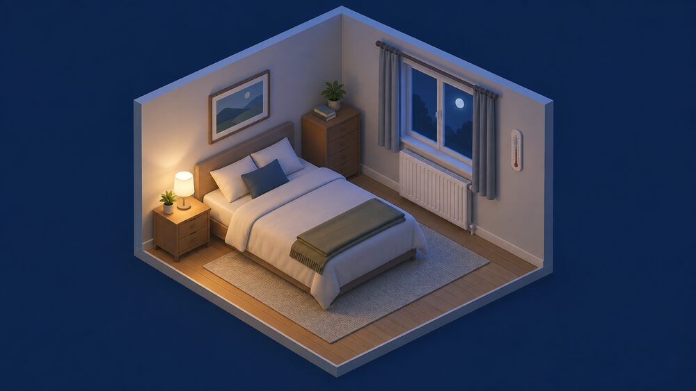 A simply furnished bedroom at night with a single panel radiator on the wall beneath a closed window, a plain wall thermometer mounted nearby, and a bed with an extra blanket folded at its foot.
