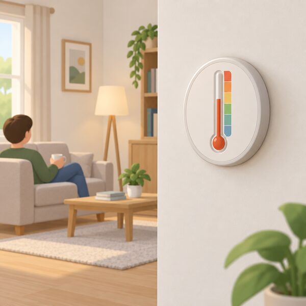A simple analogue room thermometer mounted on an interior wall of a plainly furnished living room, its dial or scale shown as plain colour bands with no readable numbers, indicating a comfortably warm temperature in a heated home.